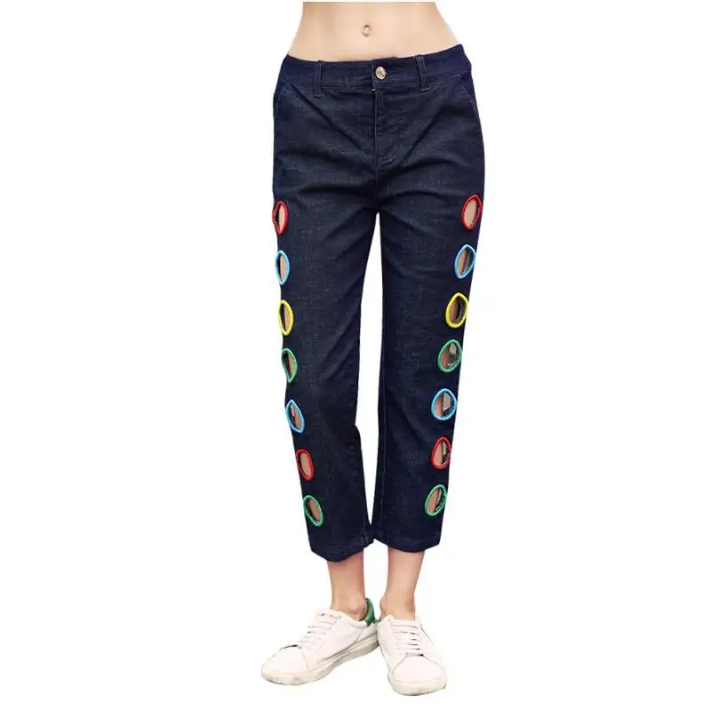 

Biutefou brand summer women 2019 new Hollow out embroidery straight jeans fashion Hole Denim pants high quality