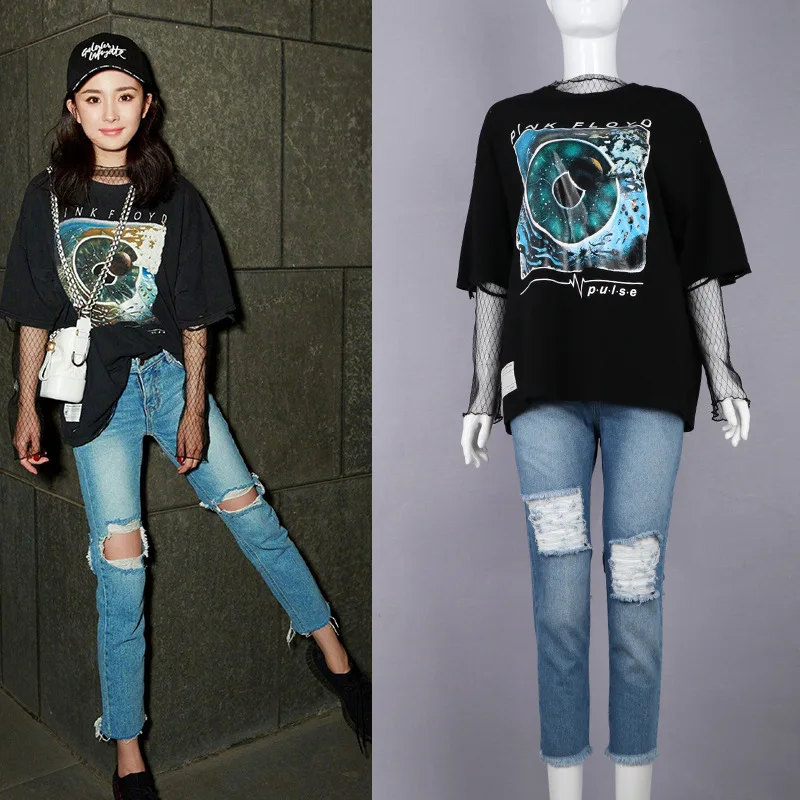 

Yang Same Korean Version of Five-sleeve Planetary Print T-shirt with Female-felt Screen Bottom Sunscreen 2019 Black Shirt Women