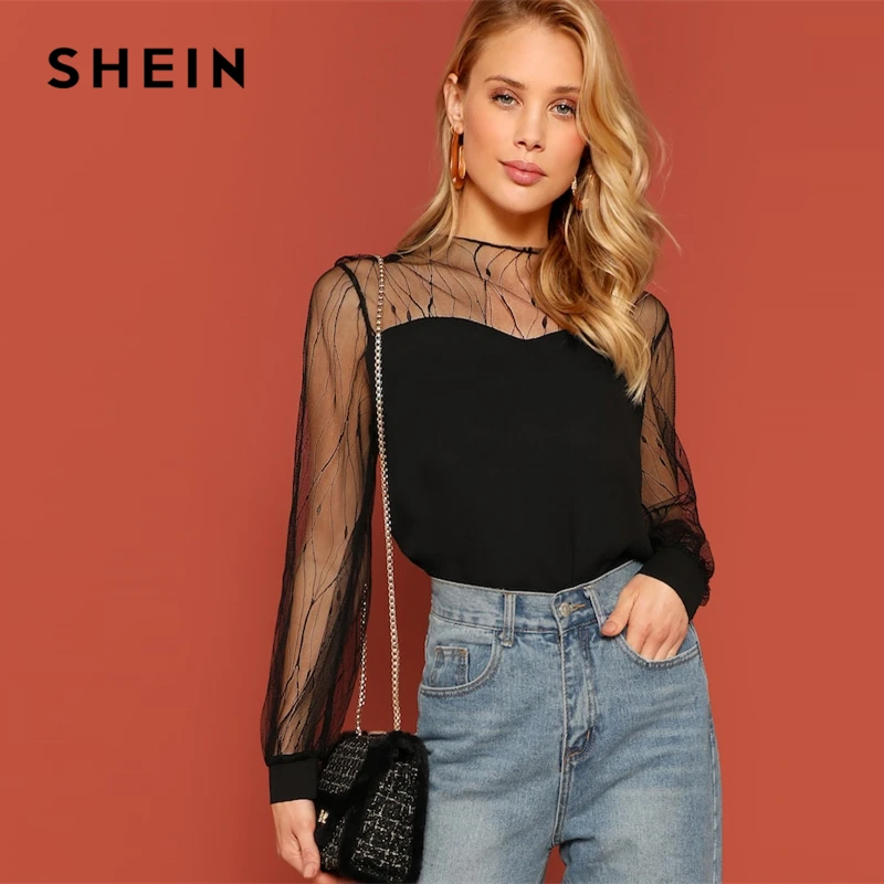  SHEIN Black Sheer Contrast Mesh Yoke Sweetheart Neck Round Neck Top Women Spring Elegant Autumn Cas