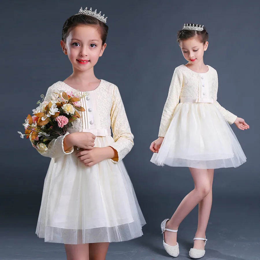 

2018 Spring Elegant Dresses For Girls Formal kids graduation gown Cute gold Girls Dress Long Sleeve Vintage Red Children Dresses