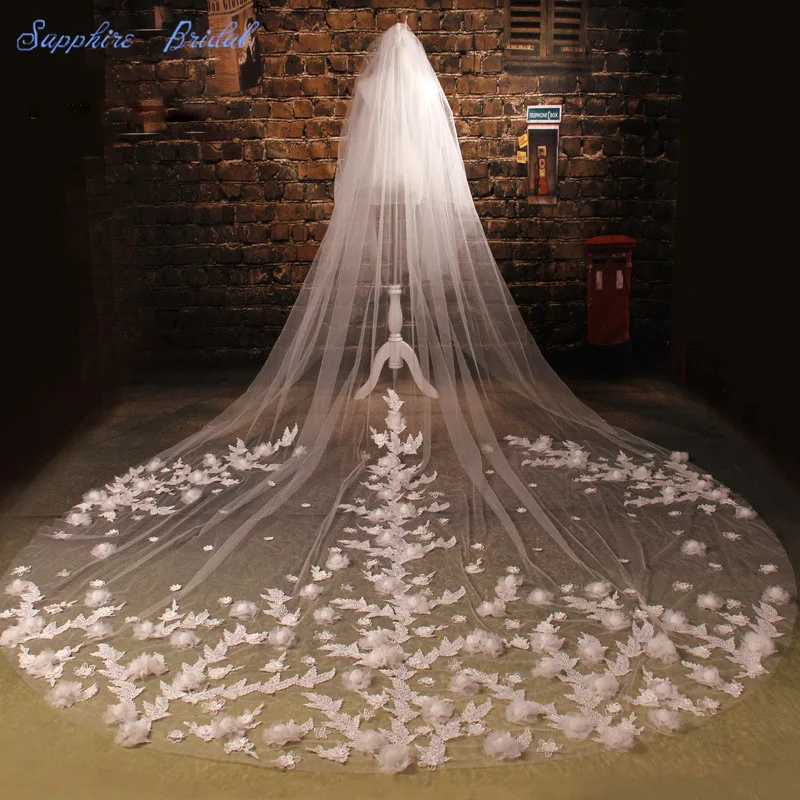 

Sapphire Bridal Romantic Veils Custom Make Top Quality Bridal Veils Ivory Cathedral Beautiful Lace 3D Flower Long Wedding Veils