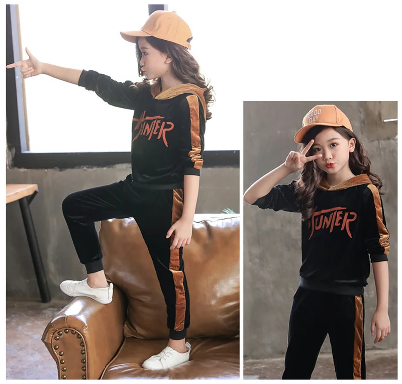 spring girls clothing sets kids girls clothes gold velvet two-piece suit children sport suit for girls (14)