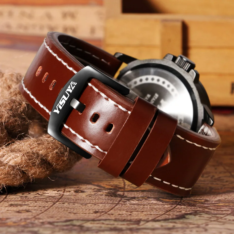 YISUYA Top Mens Watches Date Week Display Quartz Wristwatches Men Military Pilot Roman Numbers Male Sports Genuine Leather Clock (13)