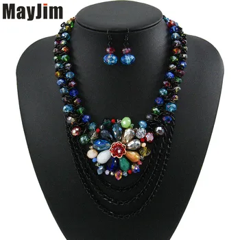 

Statement necklace fashion jewelry sets Handmade beads chain crystal flowers jewelry sets earrings dubai Vintages Accessories