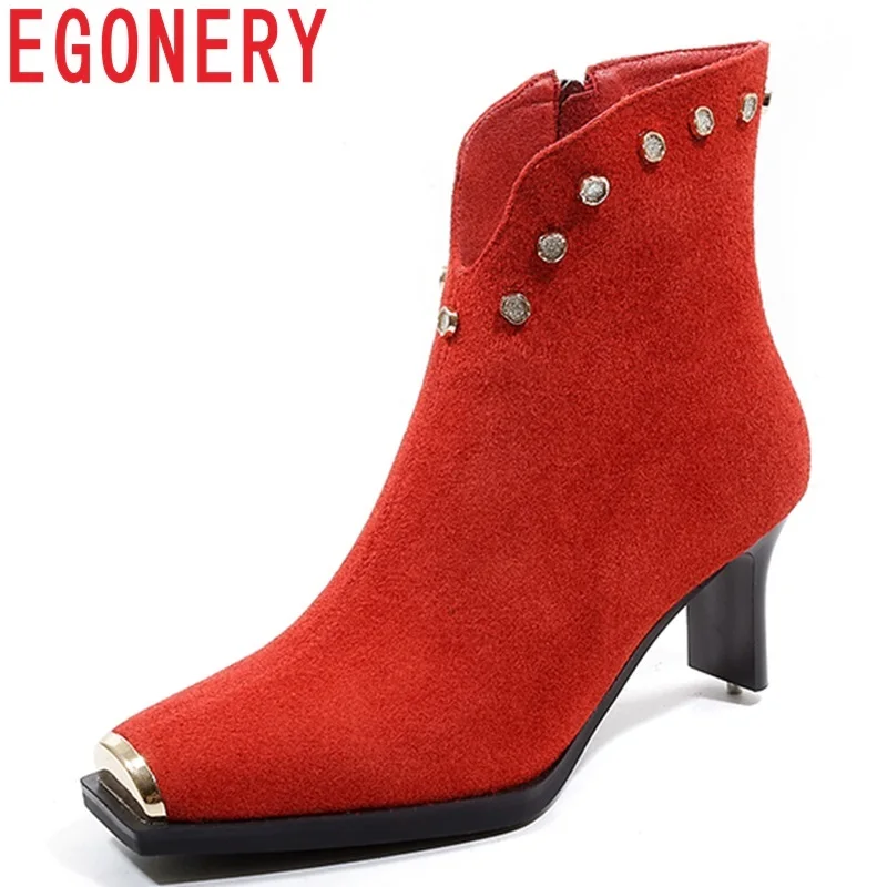 

EGONERY 2018 new hot sale fashion square toe zipper cow suede women shoes high strange style three colors rivet winter booties