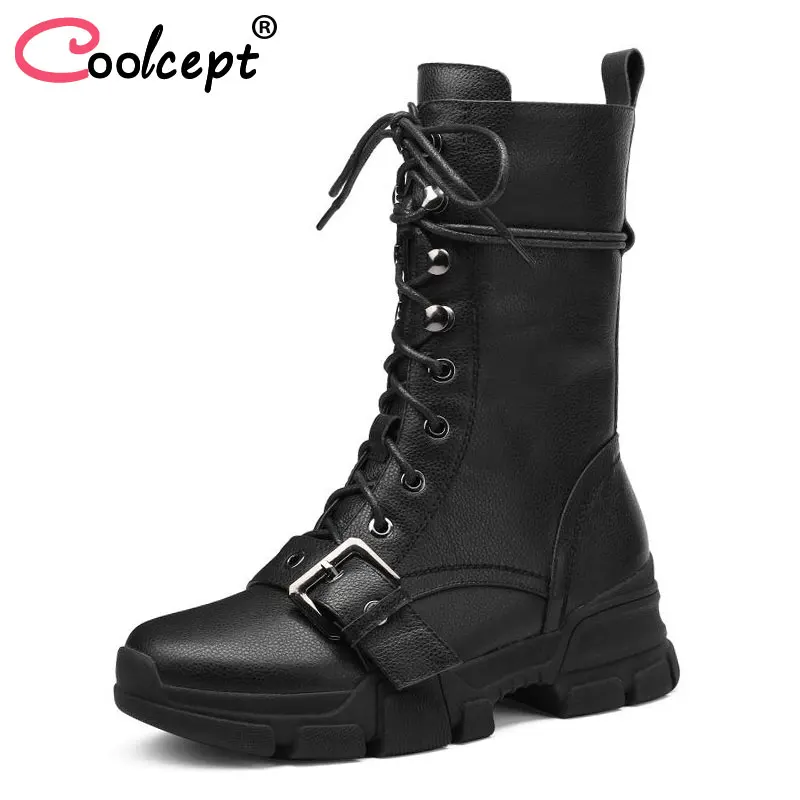 

Coolcept Women Flats Boots Genuine Leather Women Shoes Mid Calf Boots Woman Vintage Shoes Punk Female Footwear Size 34-39