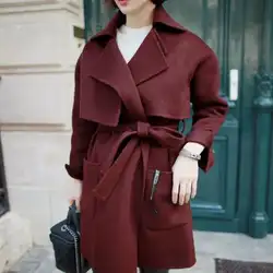 Новый на осень-зиму модная шерстяная одежда куртка красного вина цвет пояса талии Плащ, пальто шерстяное пальто