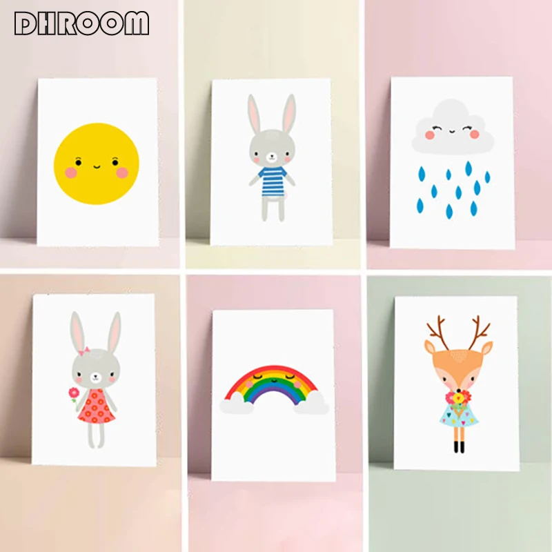 

Nursery Wall Art Set of 6 Prints Canvas Poster Minimalist Cartoon Painting Decoration Picture Nordic Kids Girl Bedroom Decor