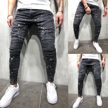 

Men's Ripped Long Pants Casual Skinny Hole Slim Fit Denim Pants Fashion Design Plus Size Pencil Trousers