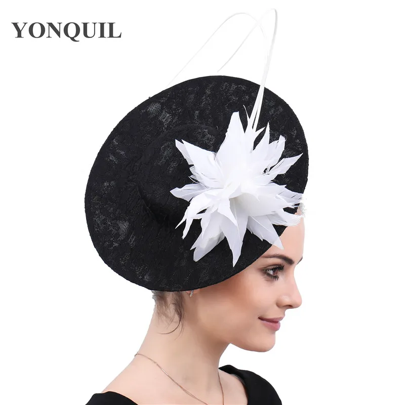 

Vintage balck lace hat bases with Ostrich pole feather red Bridal Wedding Hats And Fascinator For Woman Party Cocktail Headdress