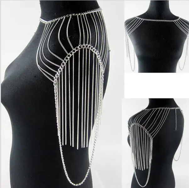 3 Colors Luxury Fashion Stunning Sexy Body Belly Gold Silver Body Chain Slave Harness Shoulder Necklace