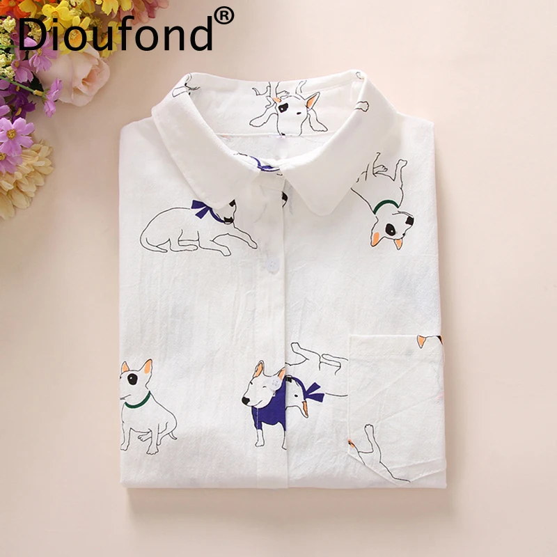 Prix Dioufond Animaux Coton Femelle Blouses Poches Manches Longues Dames Chemises Chien Abeille Casual Femmes de Chemise Camisa Femininas 2018 Nouveau