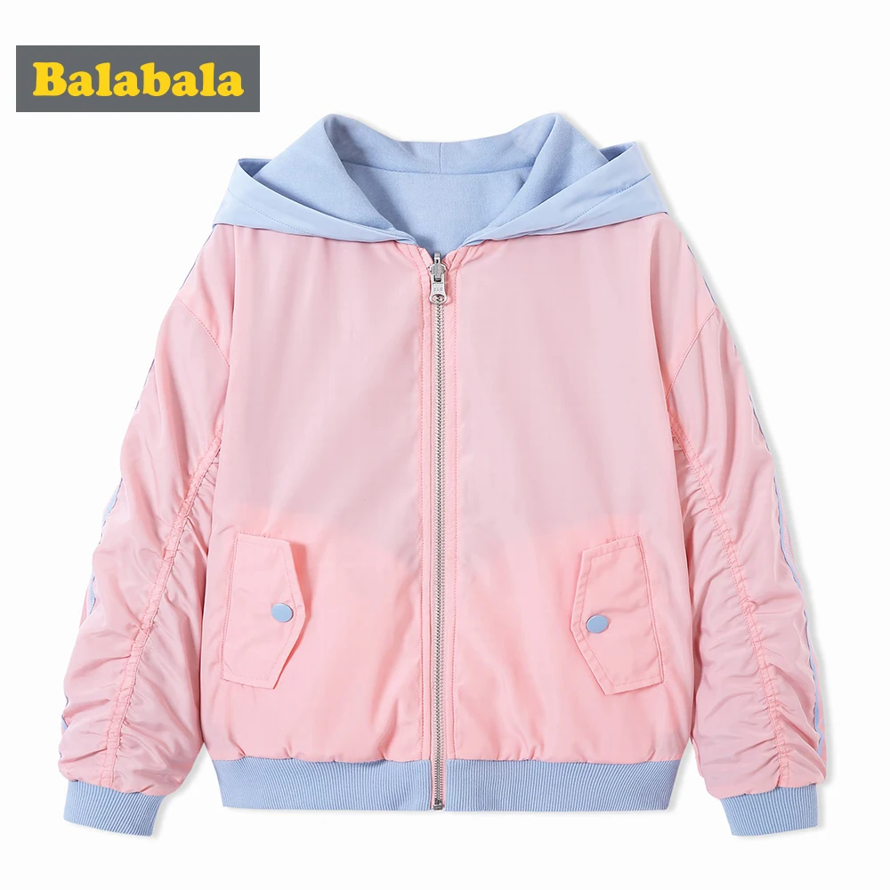 

Balabala Girls Side-stripe Sleeved Hooded Jacket with Slant Pocket Teenage Girl Zip Jacket with Lined Hood Ribbed Cuff and Hem