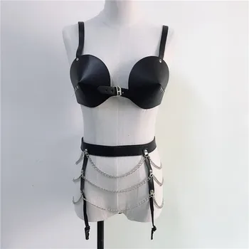 

Goth Metal Rivet Body Bondage Garters Belts Underwear Harness Belts Tassel Link Chain Suspenders Belts Club Punk Two Piece Sets