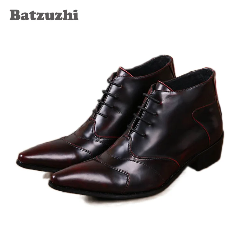 Homens personalizado Top Tornozelo Red Inicialização Cor Batzuzhi Alta Lace Sapatos Wine Couro Dos Ankle Moda Escova Up Boots Curto De Negócios daqtxRwXx