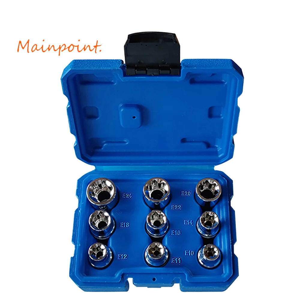9Pcs E-Socket 1/2" Torx Star Bits Chromium-vanadium Steel Female Socket Nuts Set E10/E11/E12/E14/E16/E18/E20/E22/E24 Hand Tools