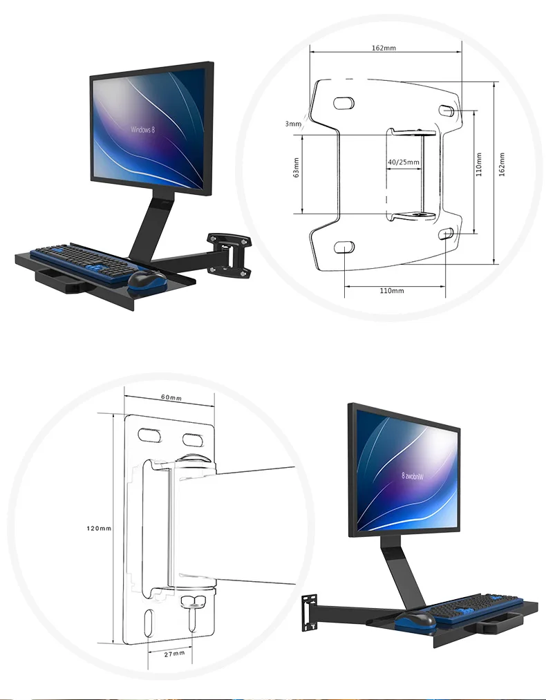 W803 полное движение настенное крепление эргономичная сидячая стойка рабочая станция PS Стенд поворотный держатель монитора+ держатель Keyboad