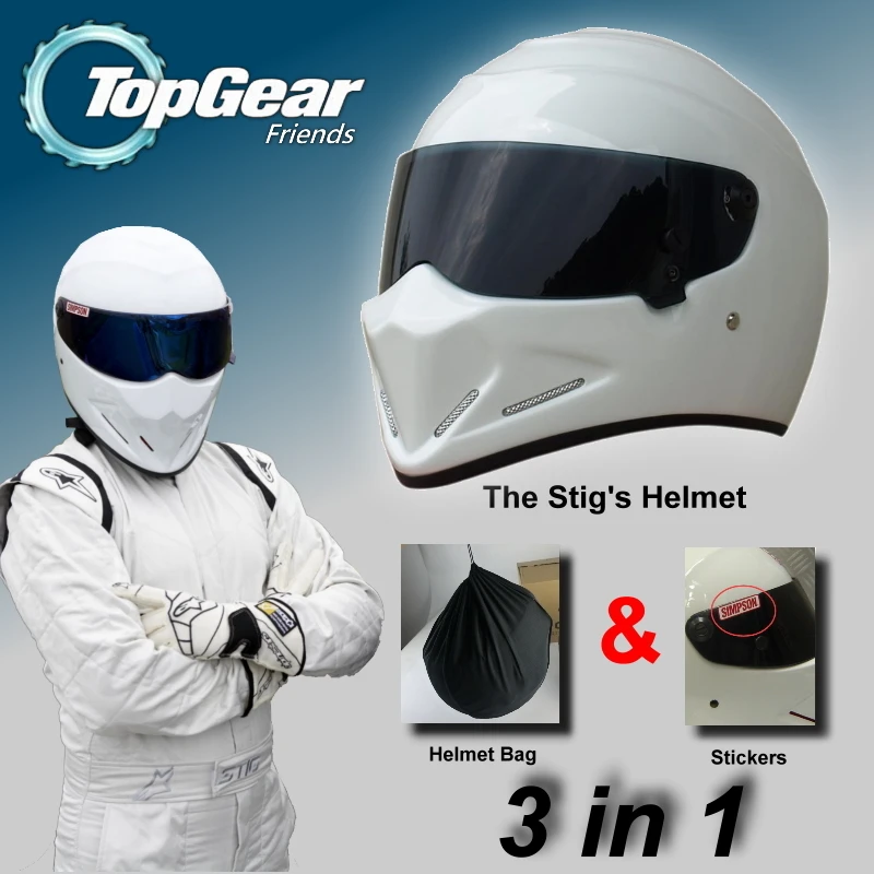Voor TopGear De STIG Helm + Tas + SIMPSON Sticker 3 in 1/Wit Helm Capacete Casco De met Zwart Vizier Top Gear Shop Voor TopGear De STIG Helm + Tas + SIMPSON Sticker 3 in 1/Wit Helm Capacete Casco De met Zwart Vizier Top Gear Shop