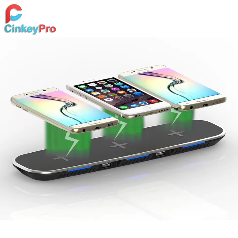 

CinkeyPro QI Wireless Charger Station 3*Mobile Phone Charging & 2-Ports USB Table Dock for iPhone 8 10 X Samsung S6 S7 S8