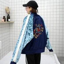 Европейская уличная индивидуальность хит цвет свободная Розовая вышивка Золотая Бархатная куртка на молнии бейсбольная куртка пальто женское