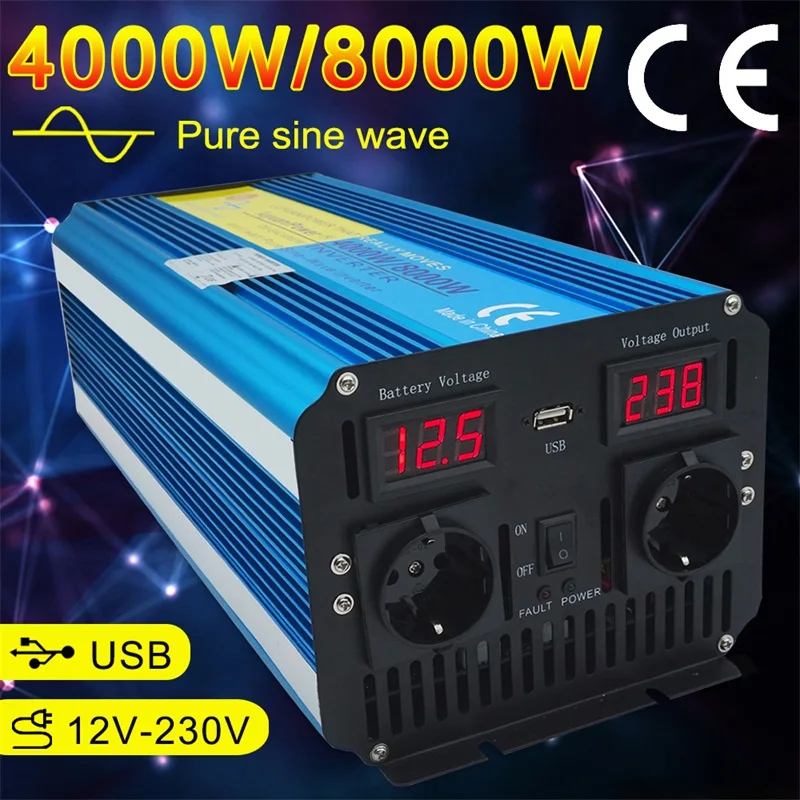 US $235.70 Dual EU Socket Dual Display 8000W Pure Sine Wave Power Inverter DC 12V TO AC 220V230V240V with 31A USB Solar for work travel