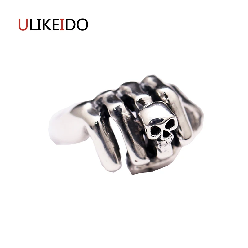 

Pure 925 Sterling Silver Jewelry Hip-hop Fist Gestures Skull Rings Fashion Pirate Skeleton Punk Ring For Mens Signet Ring 292