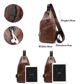

Fashion Mens Shoulder Chest Bag PU Leather Zipper USB Charging For Mobile Phone