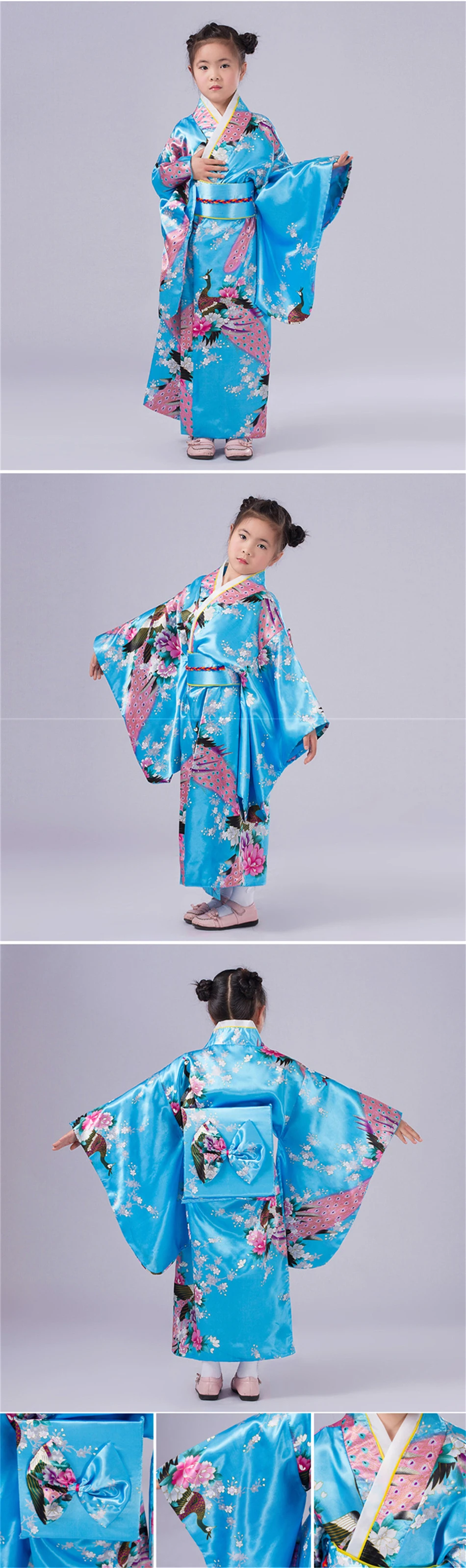 Платье-кимоно в японском стиле для маленьких девочек ростом от 110 до 150 см детский купальный халат с вышивкой павлина для девочек Свободная верхняя одежда из юкаты