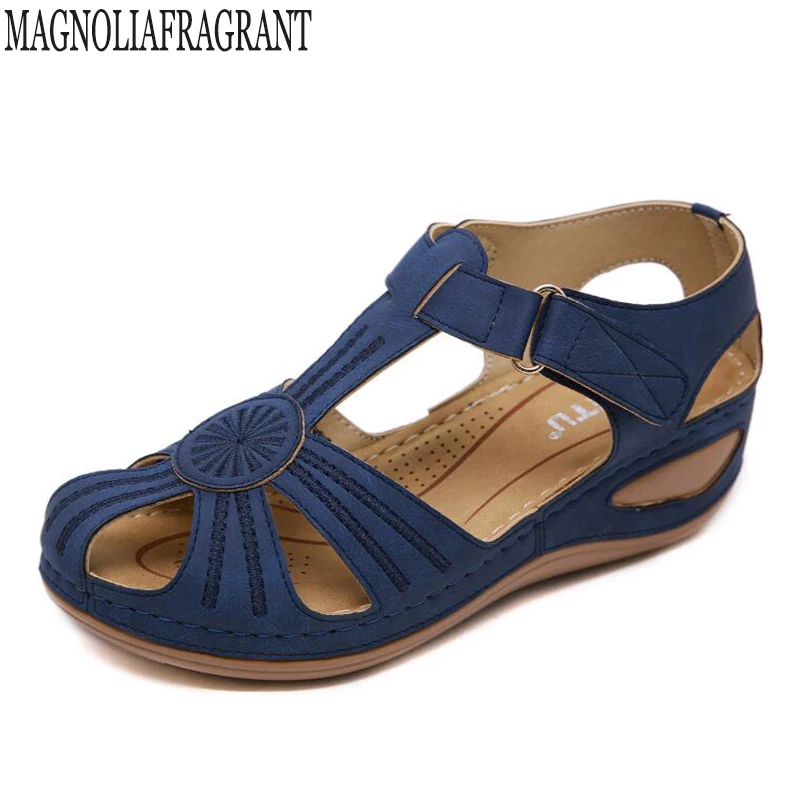 Sandales Tongs Femmes Plates Compensees orthopediques Talons Cuir Fashion Open Toe Ankle Wedges Chaussures de Plage Bande /élastique Roman