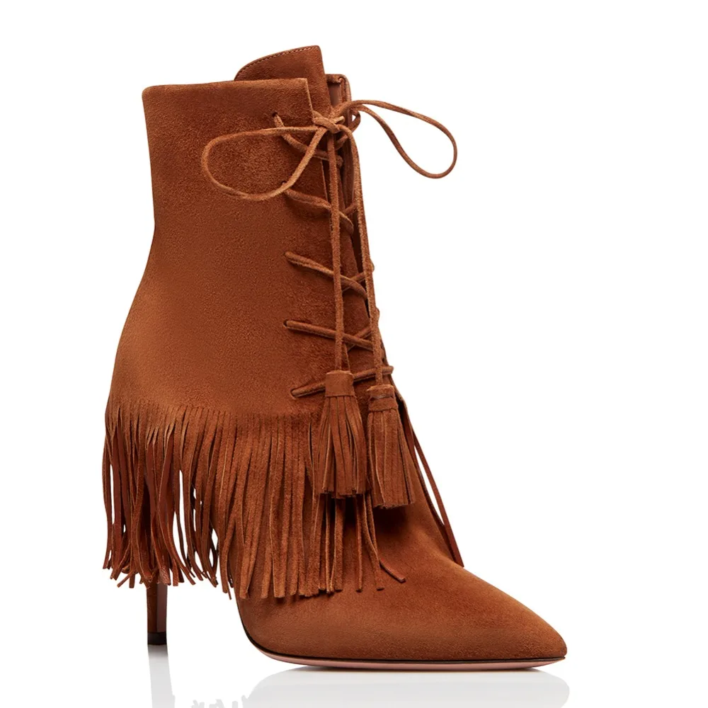 2019 red Lace D'hiver Brown Mince Automne Rouge Fringe Bottes Talon Courts Chaussures Haut Brun Up Cheville Gland Bout Pointu Femmes Dames Bottillons q8w6F1q