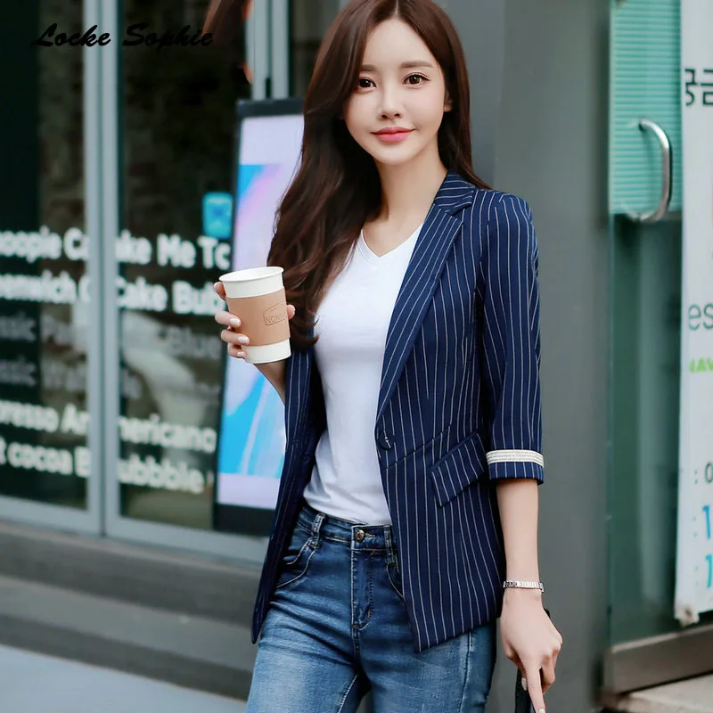 1pcs Women's Plus size Slim fit Blazers coats 2019 Autumn cotton blend stripe Small Suits jackets ladies Skinny Blazers Suits