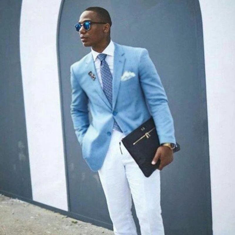 

Latest Blue Jacket White Pants Mens Tuxedo Grooms Suits Business Man Blazers Jacket Man Wear Groom Tuxedo 2Piece(Jacket+Pants)