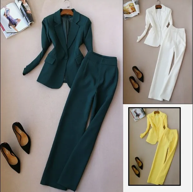 

2018 New Spring and Autumn Women Solid Color Blazer Suit Jacket + Wide-legged Trousers Two Piece Ladies Professional Pants Suit