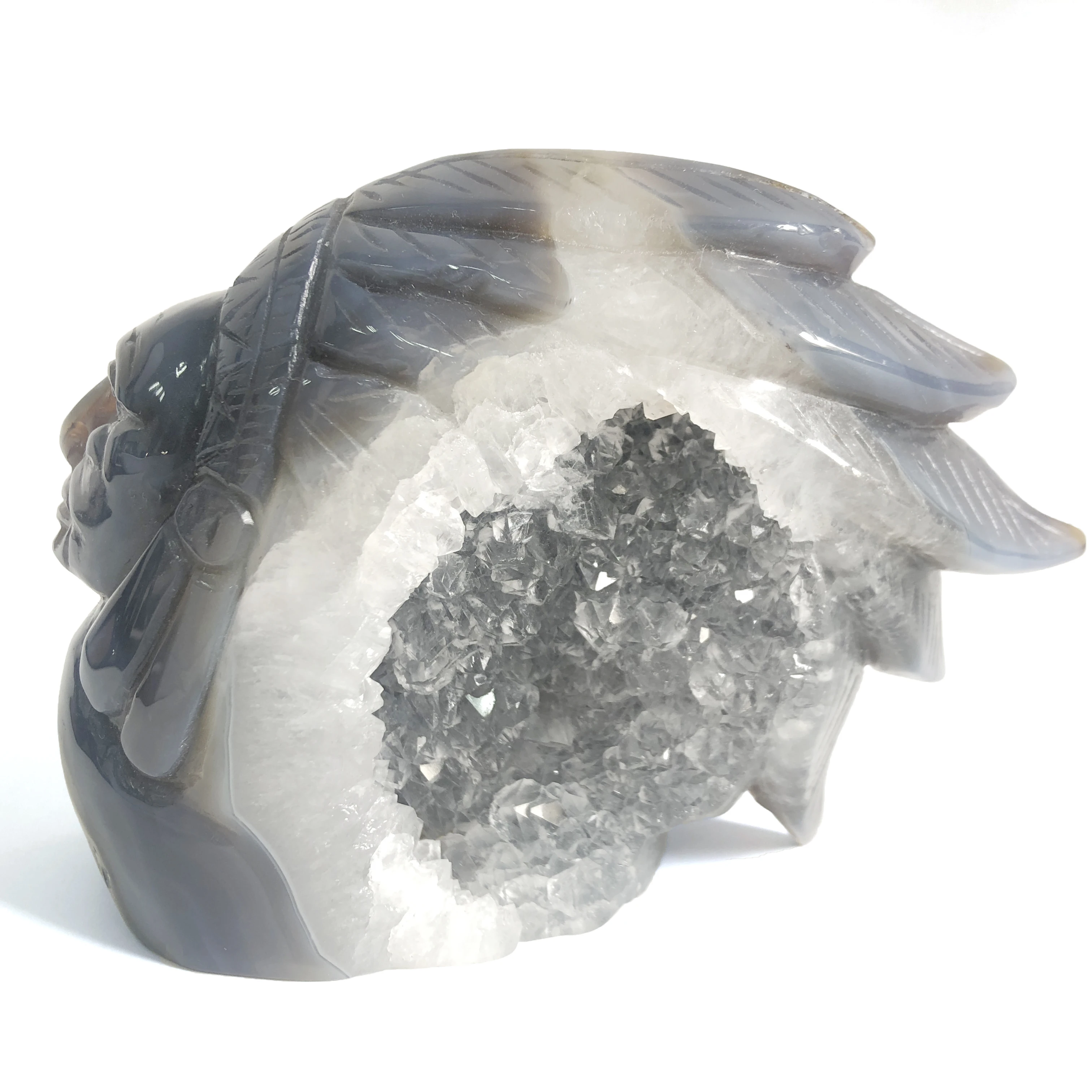 

670g Geode Agate Stone Crystal Natural Stone Carved Feather Skull Carving Chakra Healing quartz Reiki for Gift Or DecorationXKF