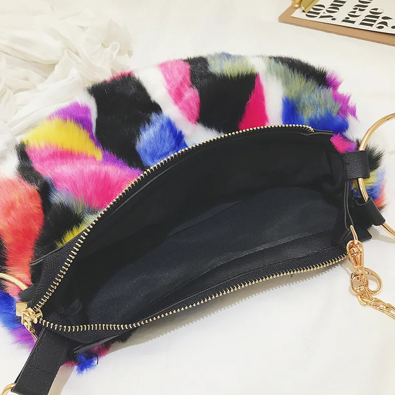 Модная красочная плюшевая сумка на цепочке, женская сумка-мессенджер, женский клатч контрастного цвета, роскошная сумка на плечо, шикарные вечерние сумки, вместительные сумки