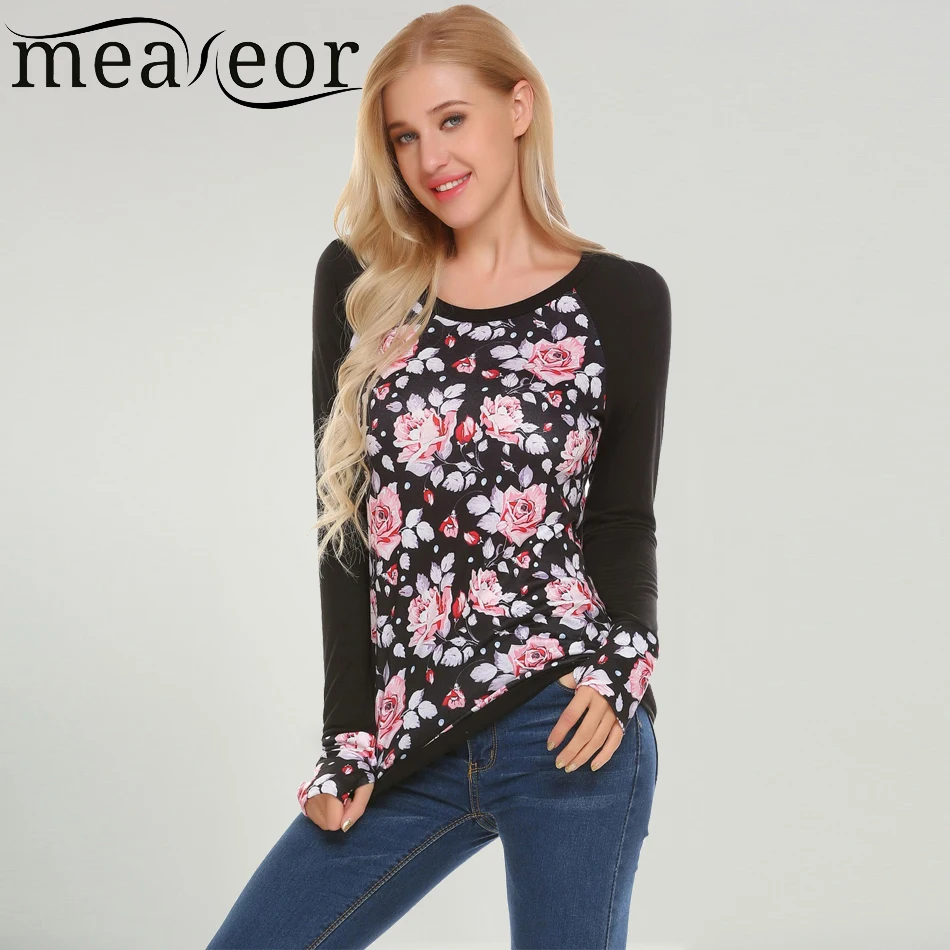 

Meaneor Women Casual O-Neck Long Sleeve Patchwork T Shirt Floral Flowers 2018 Spring New Regular Fit Sexy Feminino T-shirt Tops