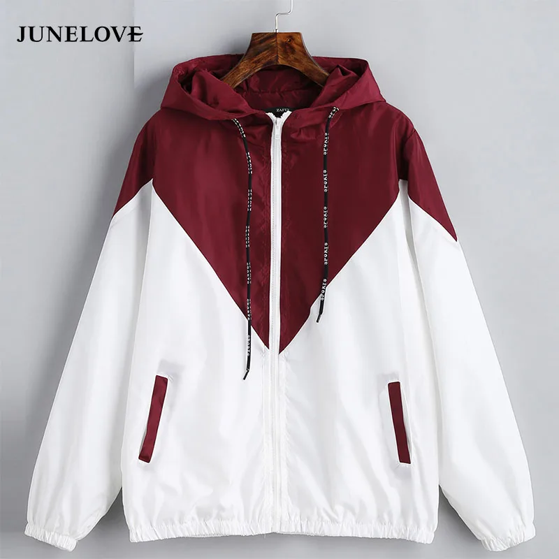 Женская Двухцветная ветровка JuneLove повседневная куртка на молнии с капюшоном и
