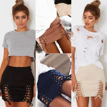

Women High Waist Lace Up Suede Bodycon Hollow Out Pencil Sexy Mini Banded Skirt Solid Club