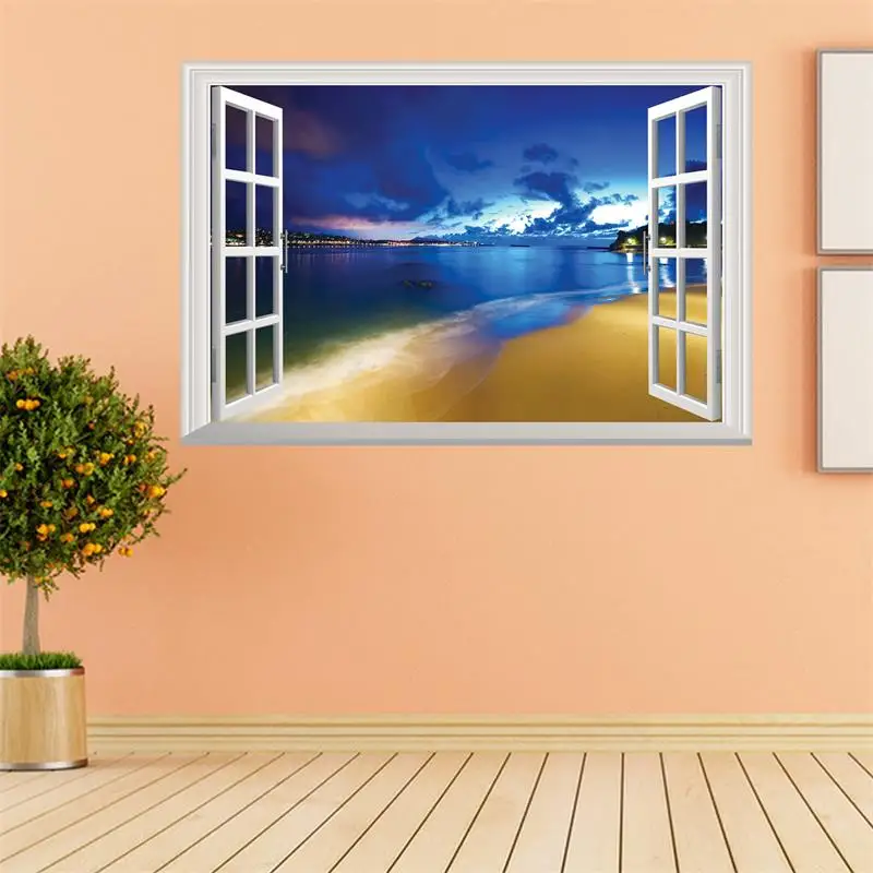 

Newest 3D Window View Wall Stickers for Kids Rooms Beach landscape Wall Decals Home Decor Simulation Windows PVC Wall Art Poster