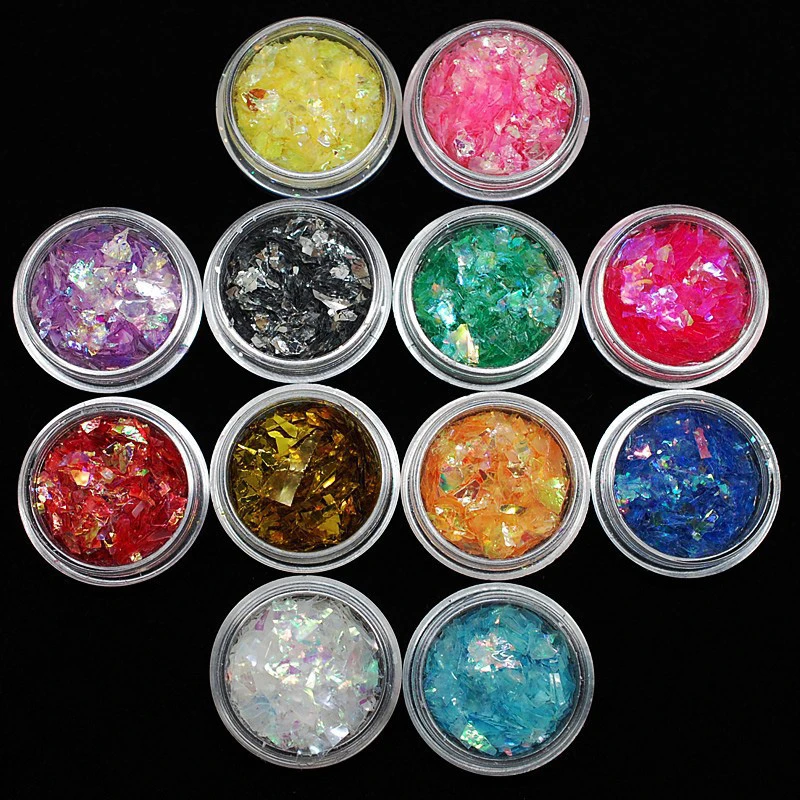 Shellhard 12Colors/Set Iced Mylar Nail Art Flakes Professional DIY Nail Tips Glitter Decals for Nail Art Decoration