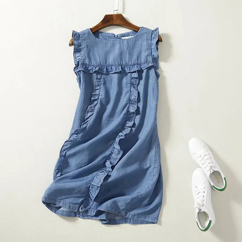 

Denim Sleeveless Ruffled Women's Mini Dress Soft Jeans Straight Beach Sundress Female 2019 Summer Casual Solid Dresses Woman