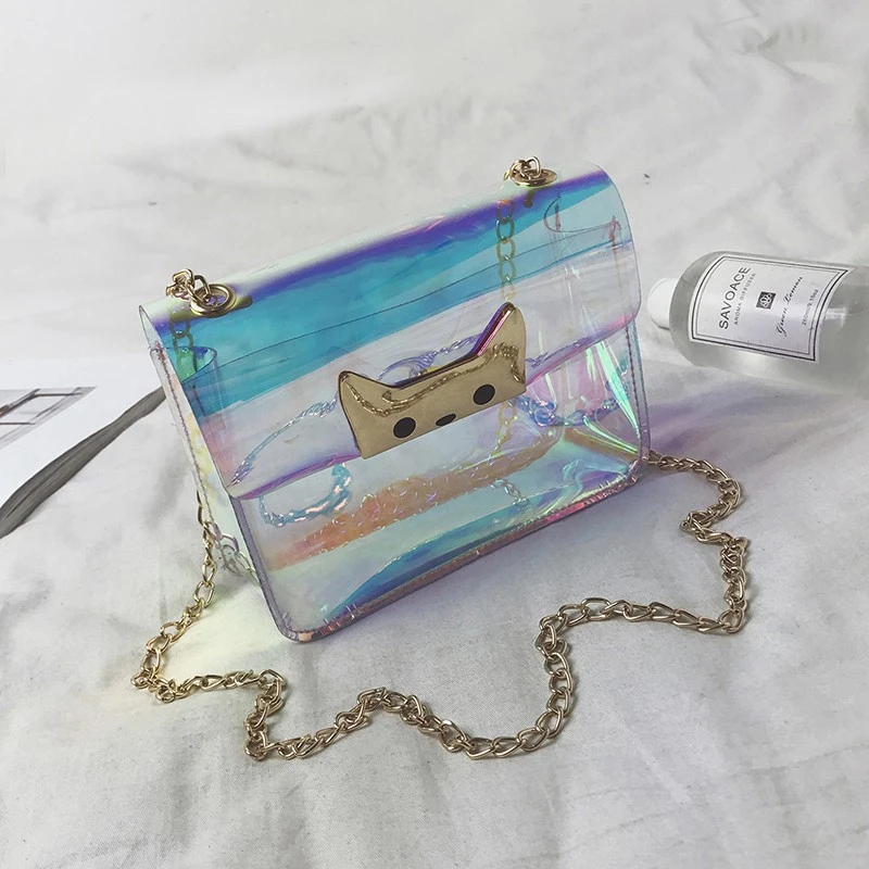 

AUAU-Lovely Cat Pattern Pvc Women For Metal Chain Shoulder Bag Transparent Bag