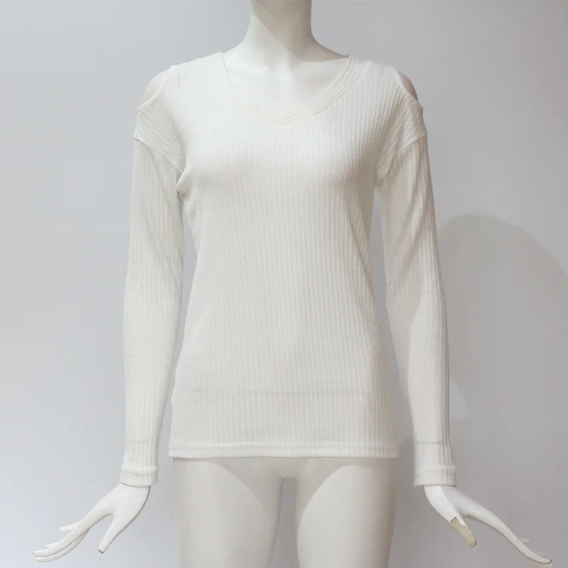 Pullover V-Neck Cold Shoulder Sweater Winter Clothes Women Rib Knit Long-Sleeved Top Casual Pure Color Clothes Autumn Female (16)