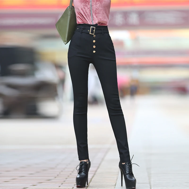 

Fashion High Waist Feet Pants 2019 Autumn Winter New Single-breasted Tights Bottom for Women Slim Black Trousers Pants Free Belt
