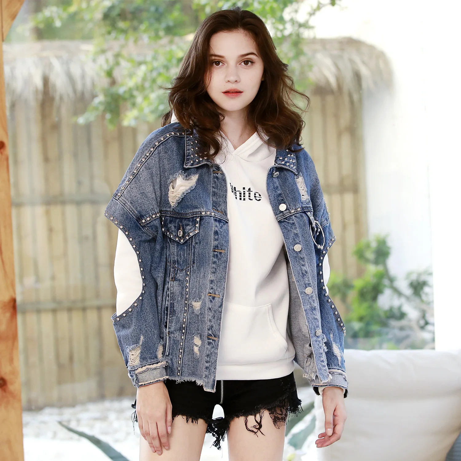 Bleu Taille Trou Perles Outwear Col Rabattu Manteau Femmes Automne Perle Plus Denim Veste Streetwear Court 2018 La Vintage Chic 4S5wxUq7S