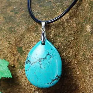 

High Quality Gorgeous Big Water Drop Natual Stone Glossy Blue Tone Trendy Bohemian Style Leather Strings Necklace Ethnic Jewelry