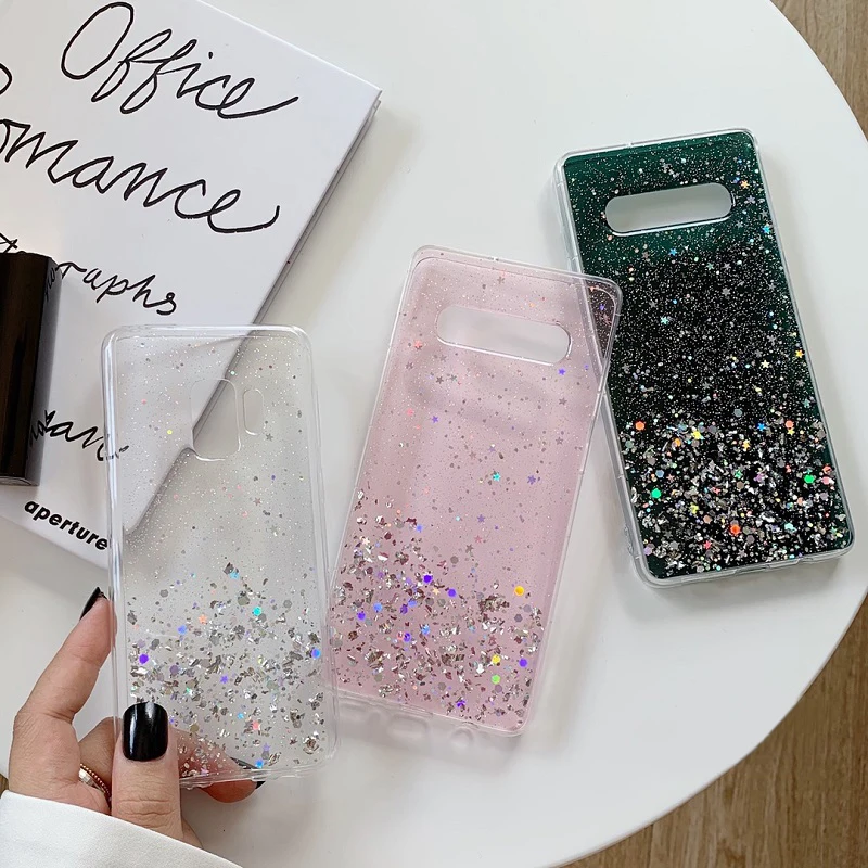 

For Samsung Galaxy S8 S9 S10 Plus Fashion Glitter Colorful Sequins Clear Soft Cover For Samsung Note 8 9 Chic Silver Foil Case