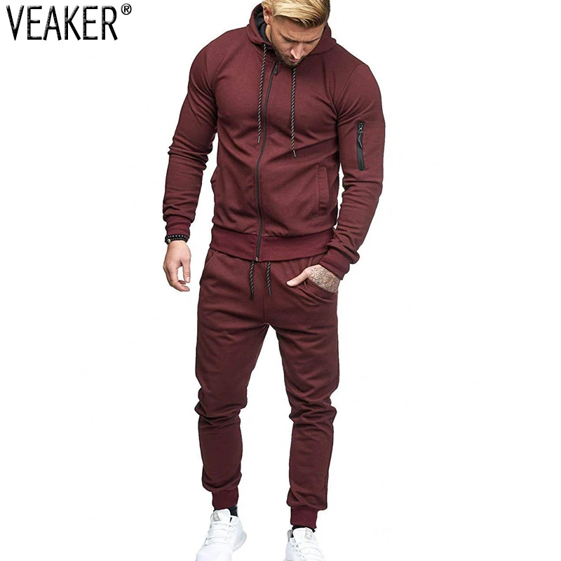 

2018 Autumn New Men's High Street Hoodies Sweatpants Sets Male Solid Color Zipper Hooded Coat Jacket Sportswear Tracksuit Set