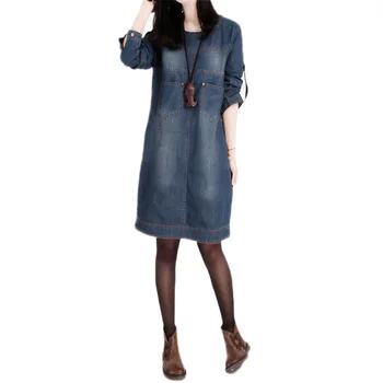 

Denim Dress Spring Large Size Loose Long Sleeve Casual simple Denim Dress Comfortable Vintage Slim Round neck Denim Dress JIA152