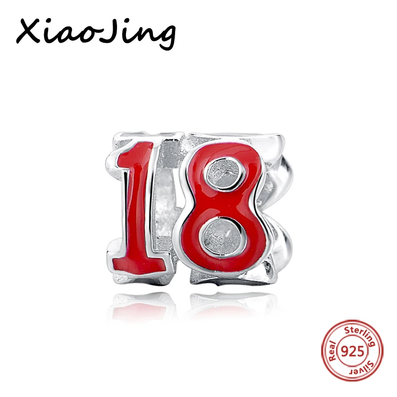 

100% 925 silver European charm with red enamel number 18 Fit Authentic pendant Bracelet and necklace Jewelry Making Women Gifts